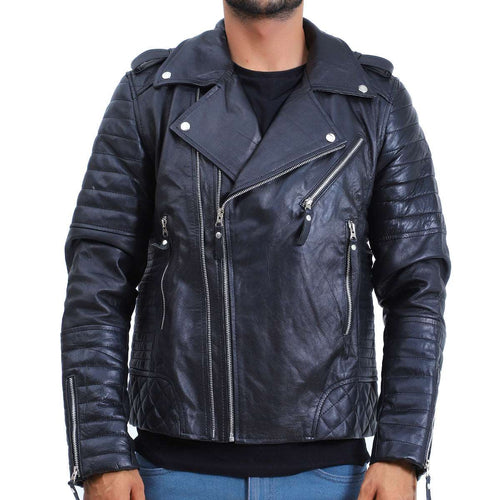 Mens Biker Quilted Lambskin Black Leather Jacket