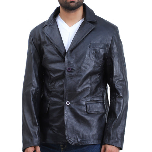 Mens 2 Button Black Leather Coat