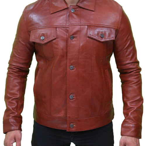 Men's Brown Leather Trucker Jacket 