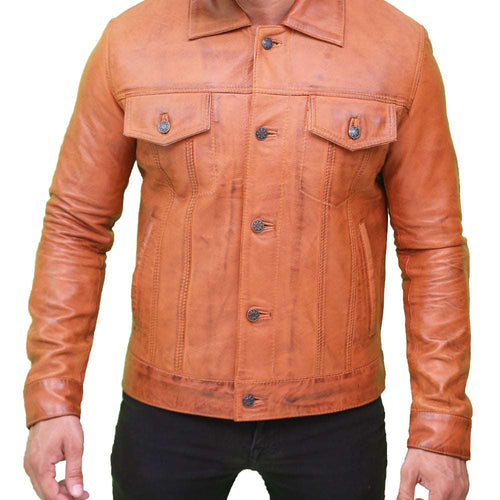 Men's Light Brown Real Leather Trucker Jacket