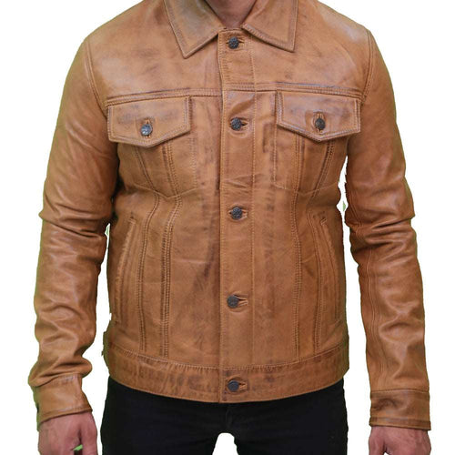 Vintage Trucker Pure Leather Camel Brown Leather Jacket