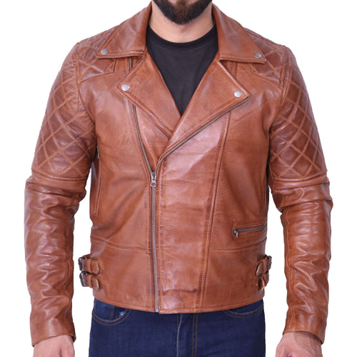 Men's Biker Quilted Brown Leather Jacket