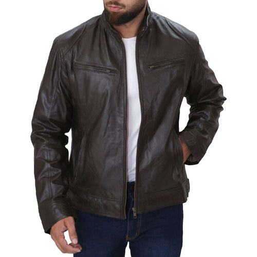 Mens Cafe Racer Biker Sheepskin Leather Jacket