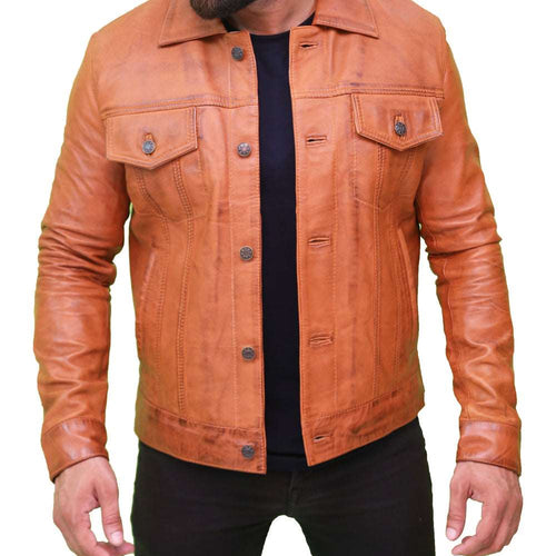 Men's Light Brown Real Leather Trucker Jacket