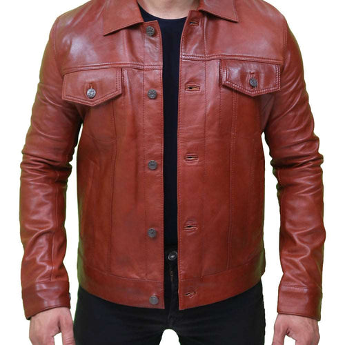 Men's Brown Leather Trucker Jacket 