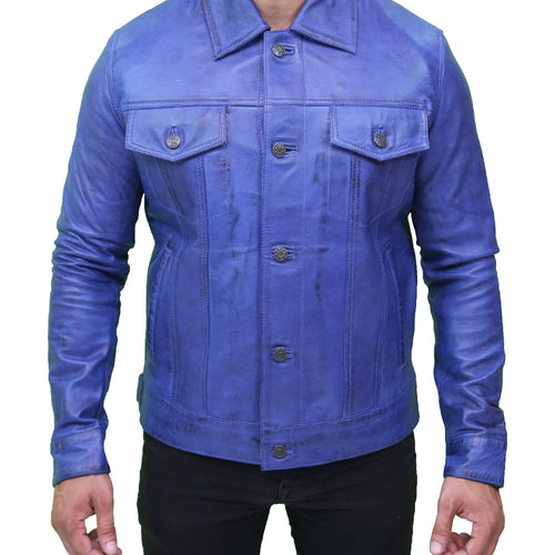 Men’s Blue Leather Trucker Jacket 