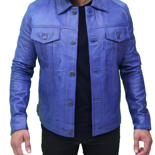 Men’s Blue Leather Trucker Jacket 