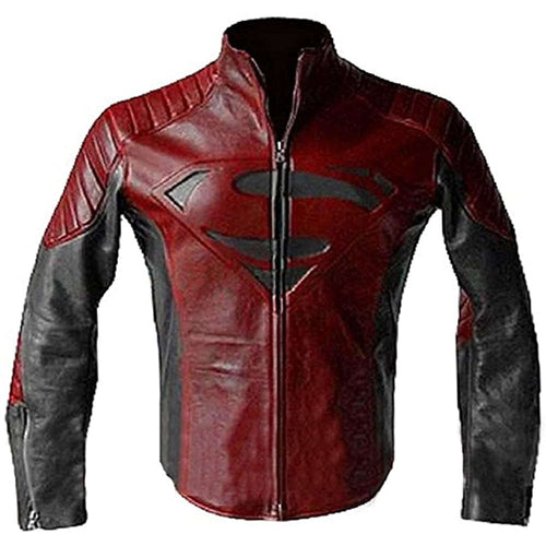 Men's Superhero S Logo Costume Motorcycle Red and Black Biker Leather Jacket