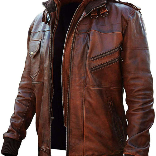 Men’s Slim Fit Bomber Hoodie Vintage Brown Biker Genuine Leather Jacket