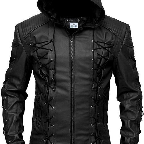 Arrow Inspired Black Hood Leather Jacket