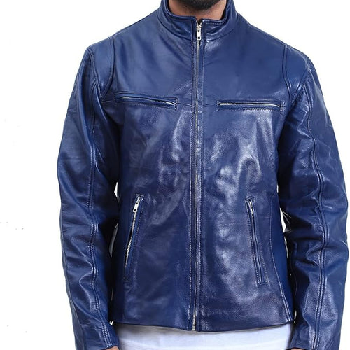 Mens Blue Quilted Cafe Racer Leather Jacket