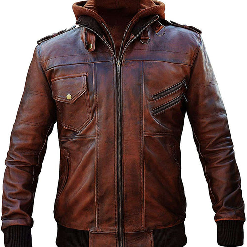 Men’s Slim Fit Bomber Hoodie Vintage Brown Biker Genuine Leather Jacket