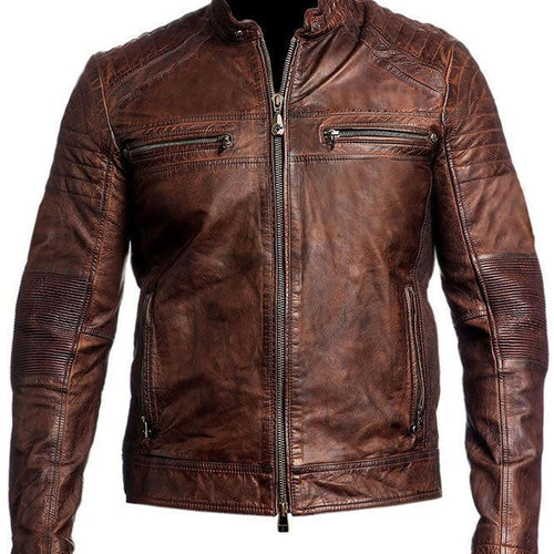 Men's Cafe Racer Retro Motorcycle Vintage Biker Distressed Leather Jacket