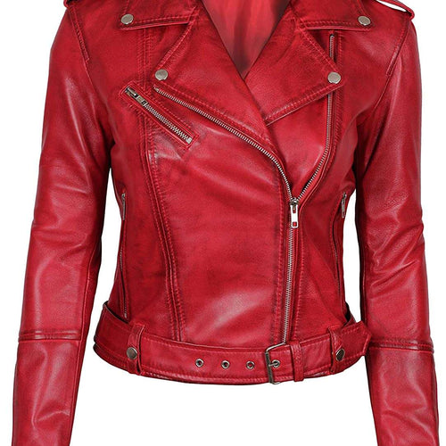 Negan Biker Womens Red Leather Jacket