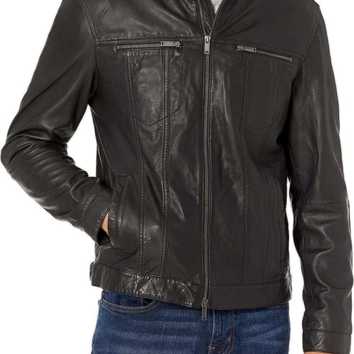 Mens Black Chris Wellford Leather Jacket with Shirt Style Collar