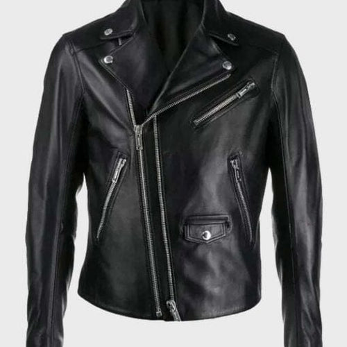 Mens Black Double Zipper Motorcycle Leather Jacket
