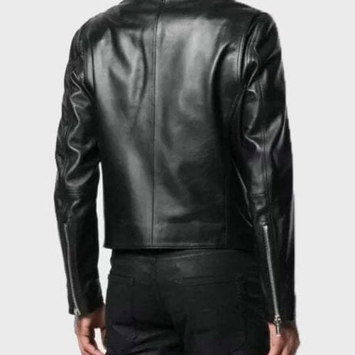 Mens Black Double Zipper Motorcycle Leather Jacket