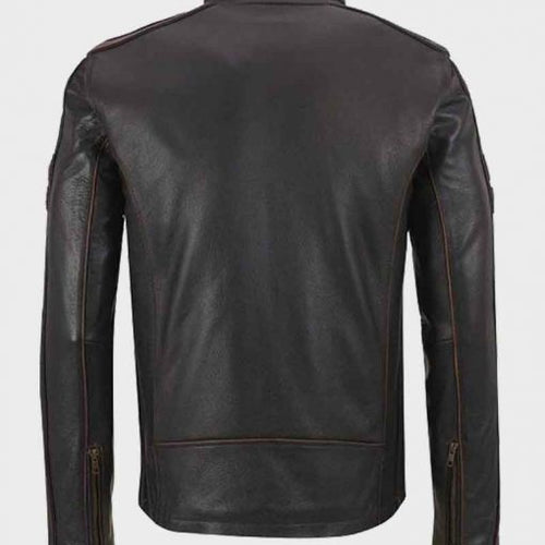 Mens Brown Stripe Café Racer Leather Jacket