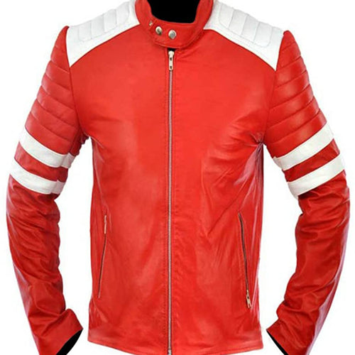 Fight Club Brad Pitt Red and White Leather Jacket
