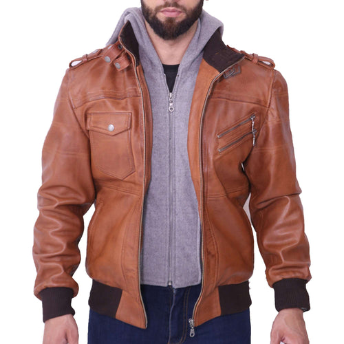 Mens Grey Removable Hood Brown Leather Jacket