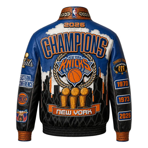Jeff Hamilton Knicks 2026 NBA Champions Leather Black & Blue Jacket