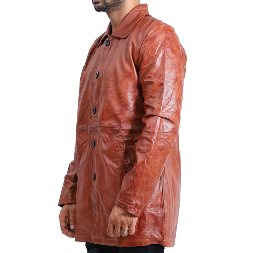 Mens 5 Button Brown Leather Coat