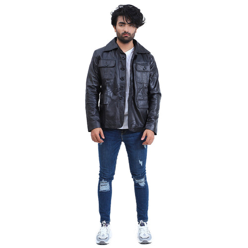 Mens 5 Button Black Leather Coat