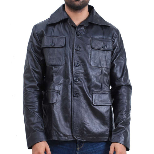 Mens 5 Button Black Leather Coat