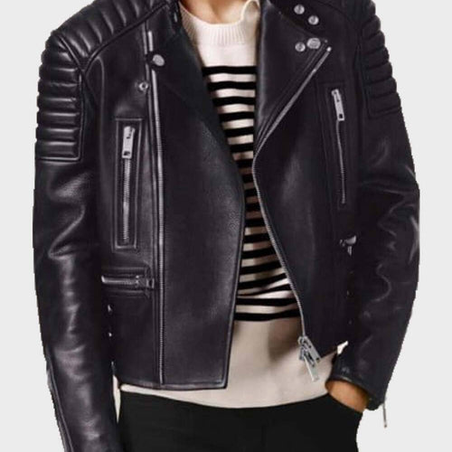 Mens Padded Shoulders Asymmetrical Black Bikers Padded Jacket