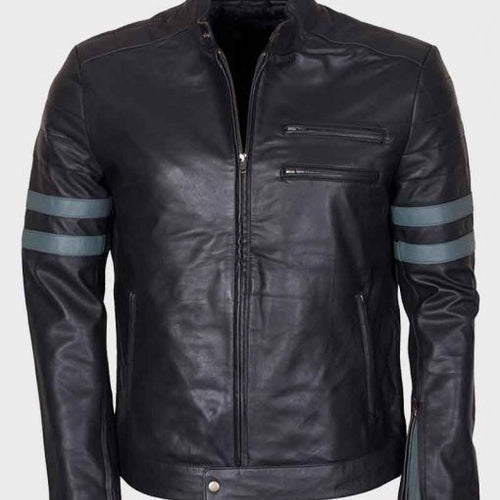 Mens Blue Stripe Mayhem Retro Black Biker Leather Jacket
