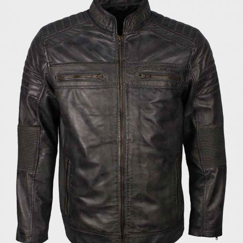 Mens Grey Waxed Café Racer Biker Leather Jacket