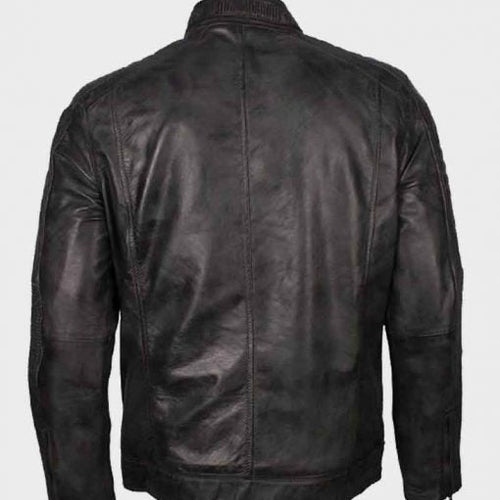 Mens Grey Waxed Café Racer Biker Leather Jacket