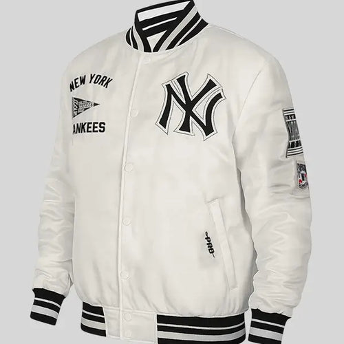 Retro New York Yankees Satin Off-White Varsity Jacket