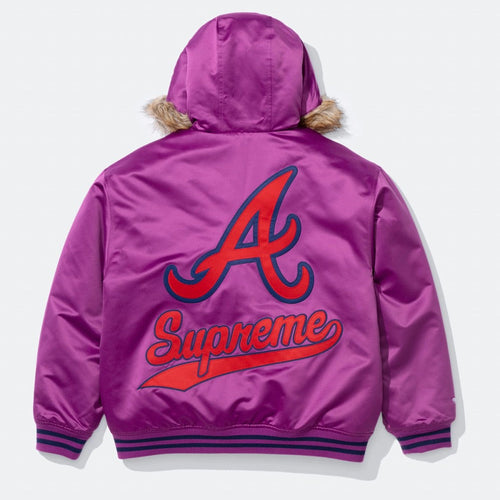 Supreme x Mitchell & Ness Atlanta Braves Hooded Purple Varsity Jacket
