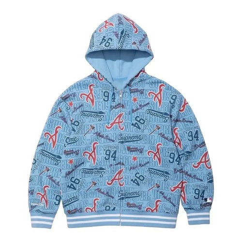 Supreme x Mitchell & Ness Atlanta Braves logos Blue Hoodie