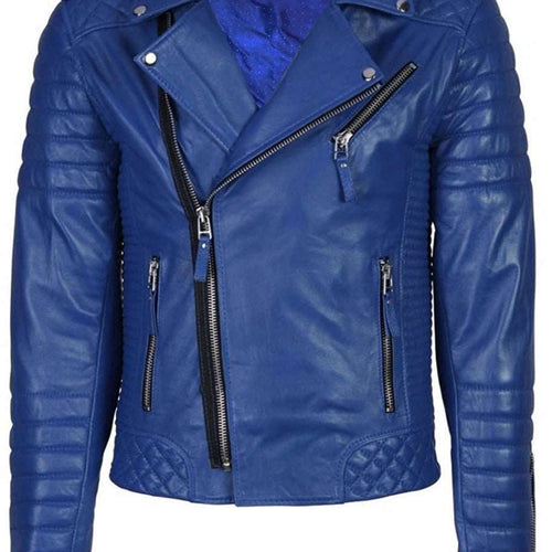 Men's Quilted Biker Blue Leather Jacket