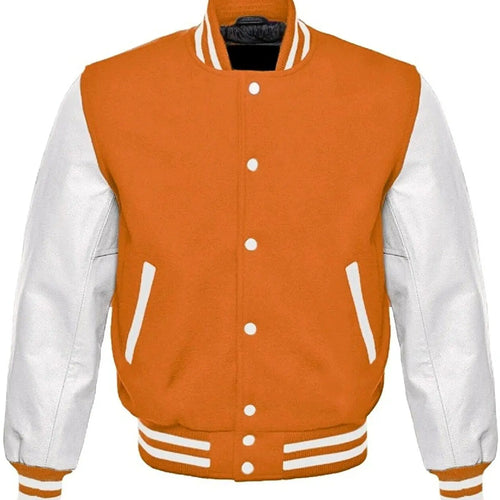 orange and white varsity jacket