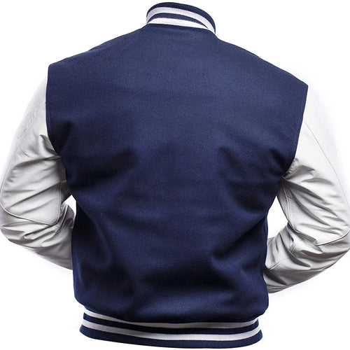 royal blue and white varsity jacket