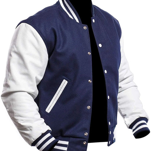 royal blue and white varsity jacket